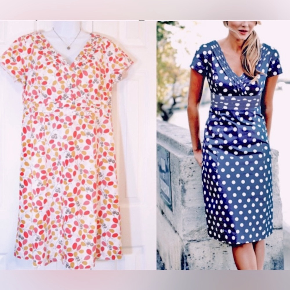 Boden Cotton Capped Sleeve Regatta Spring Pattern Dress w Pleated Detailing